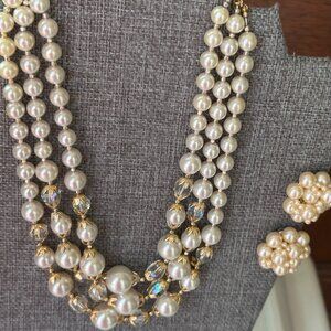 VTG  Faux Pearls and Crystal Glass Beads 3 Strand Necklace 16”